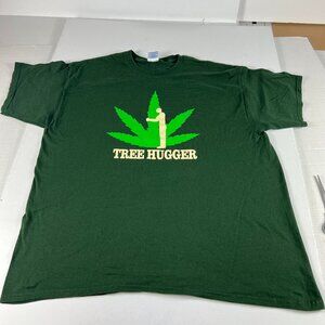 Y2K Tree Hugger Marijuana Funny Shirt Extra Large Green Faded Short Sleeve Tee